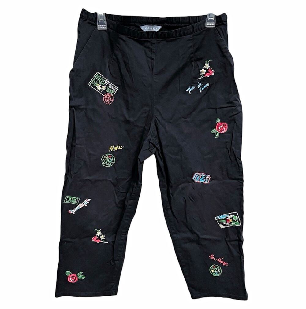 Koret Womens Embroidered Travel Capri Pants Size 12 Petite Black Resort Vaca